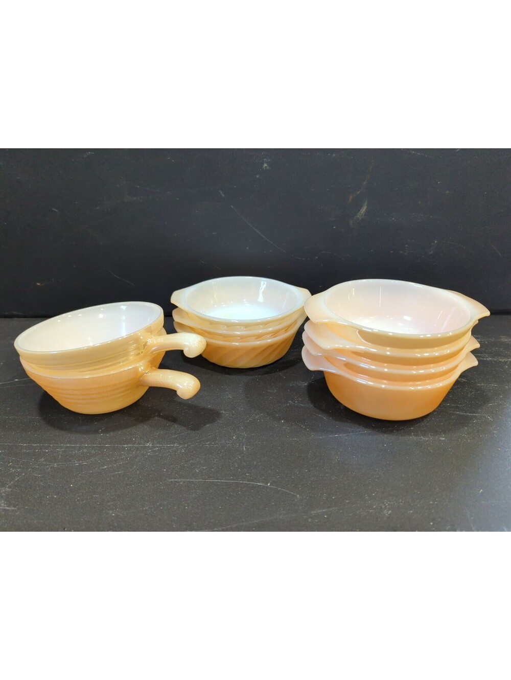 Fire King Peach Luster 4x #472 Casserole, 3x #5 Ribbed Dish, 2x #18 Handled Soup